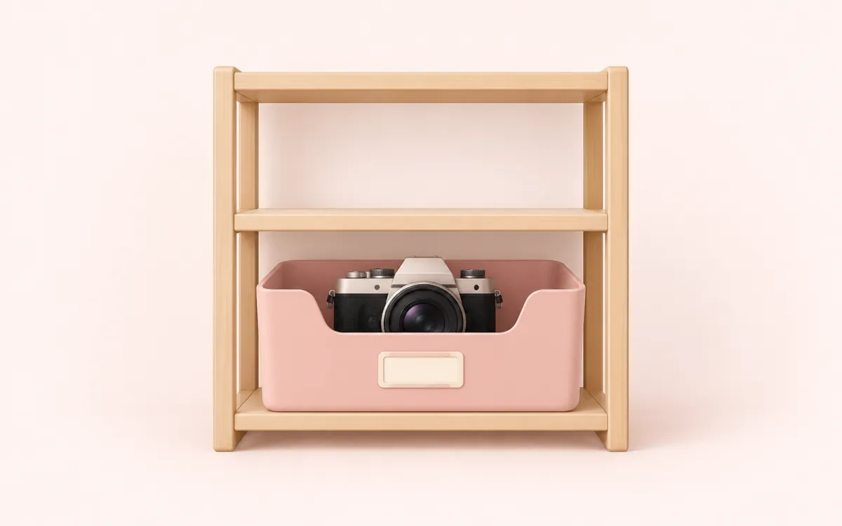 Illustrative shelf, bin and camera representing Clutterlog; not a product screenshot