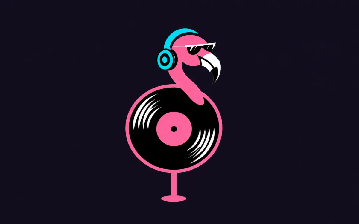 Flamingo wearing headphones beside a record; generative reframe; illustrative preview, not a product screenshot