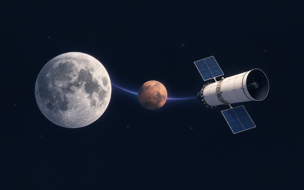 Moon, planet and space observatory; not to scale; illustrative preview, not a product screenshot