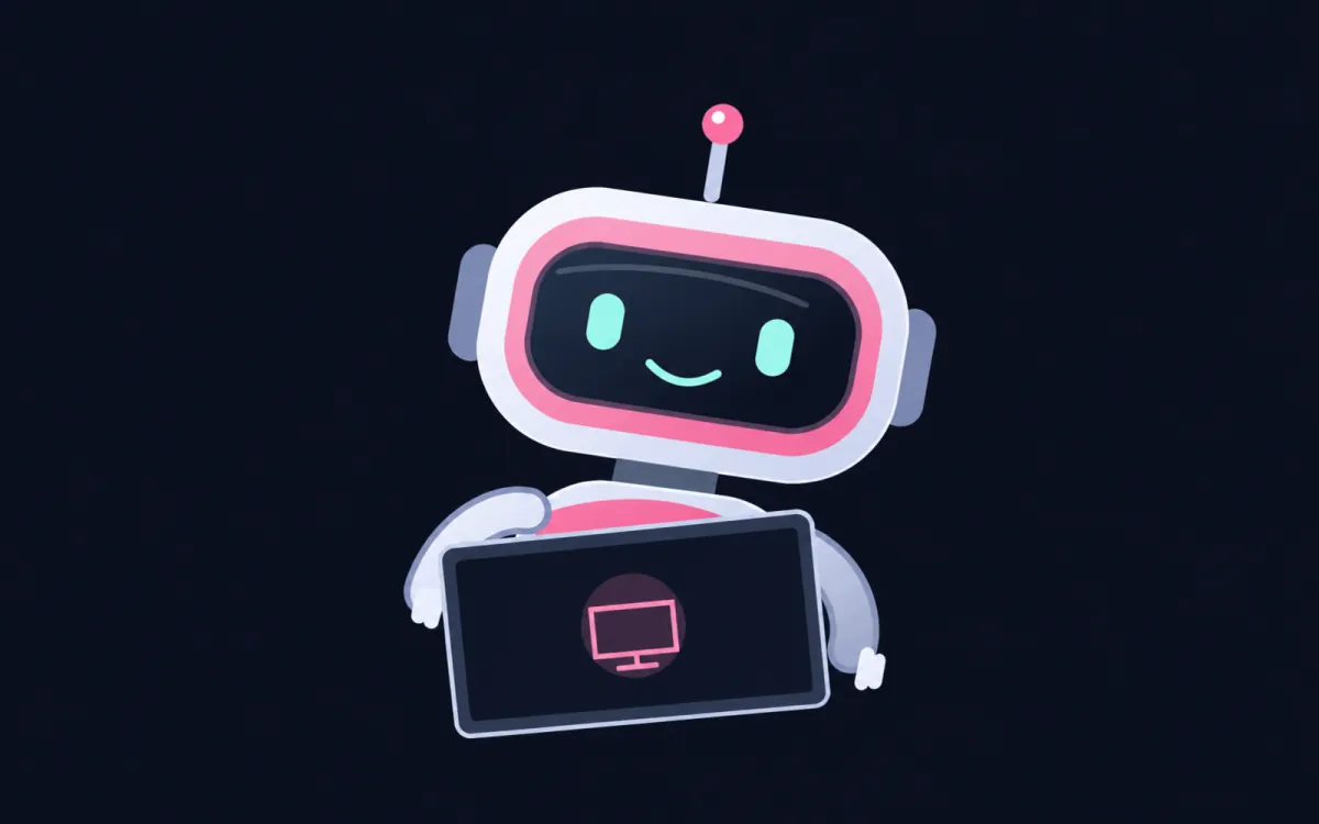 Friendly robot holding a screen; generative reframe; illustrative preview, not a product screenshot