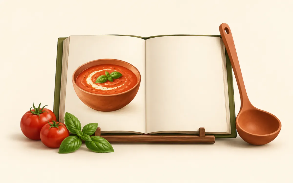 Illustrative cookbook, soup and ladle representing Ladle; not a product screenshot