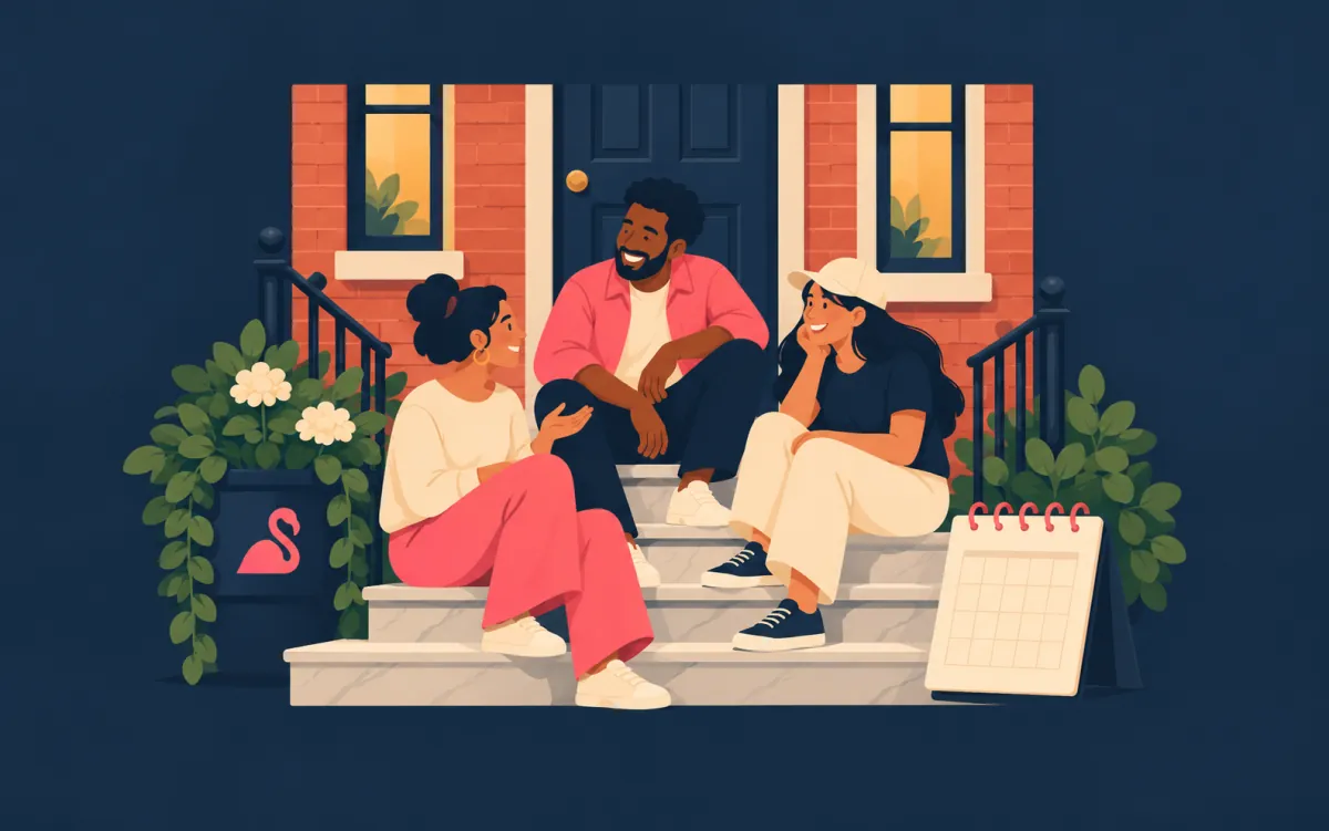 Illustrative friends on a Baltimore-style stoop representing community planning; not a product screenshot