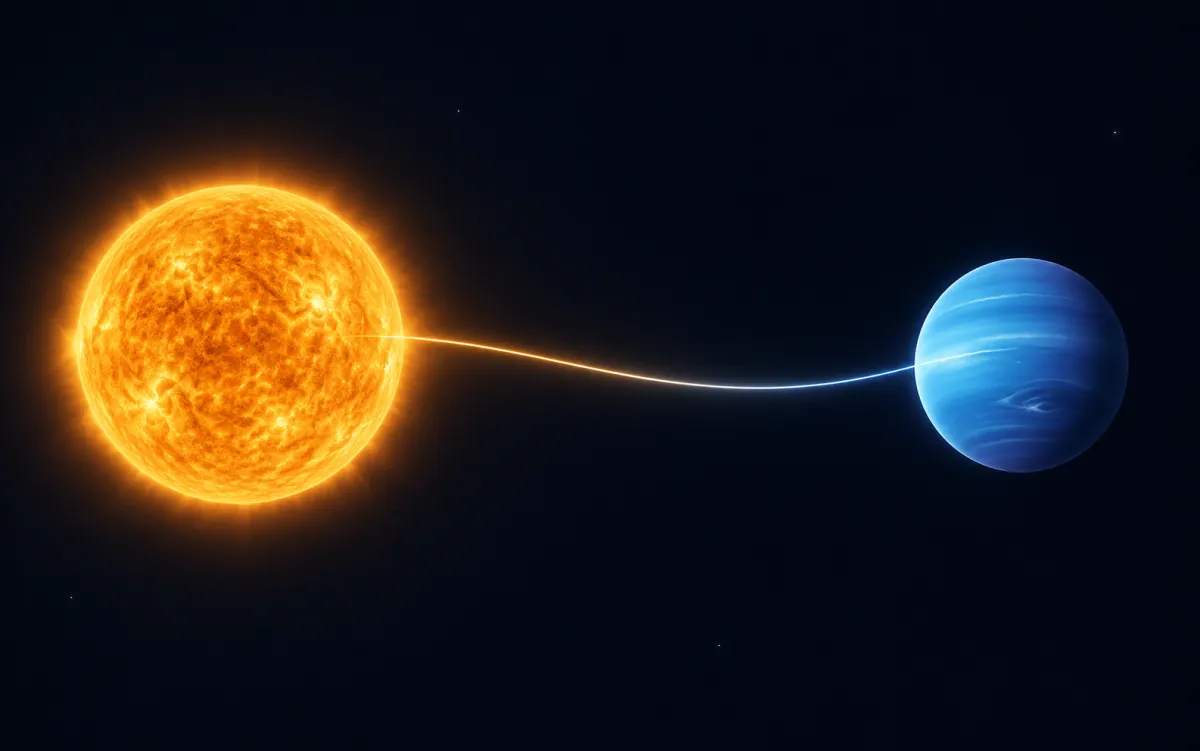 Sun-to-Neptune travel illustration; not to scale; illustrative preview, not a product screenshot